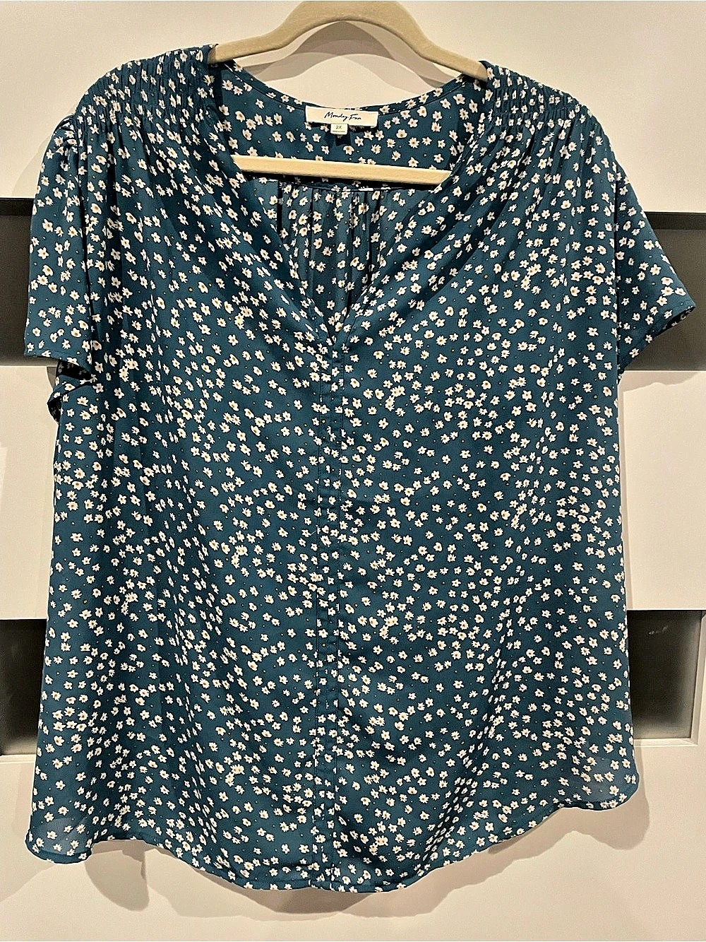 Monday Fun Floral Blouse in Blue & White Size 2X